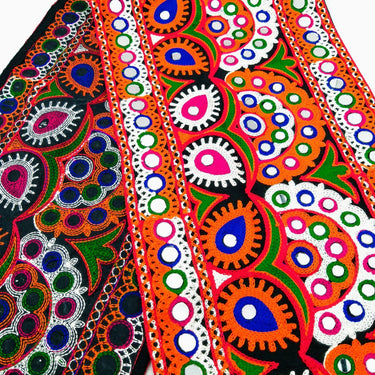 Black Cotton Fabric Trim with Multicolor Embroidery and Real Mirror, Kutch Embroidery Trim, Paisley Decorative Border